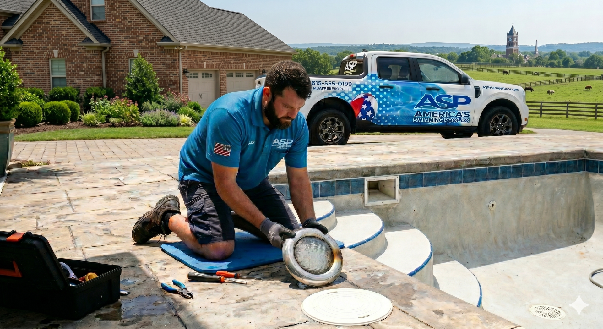 Man fixing broken pool light